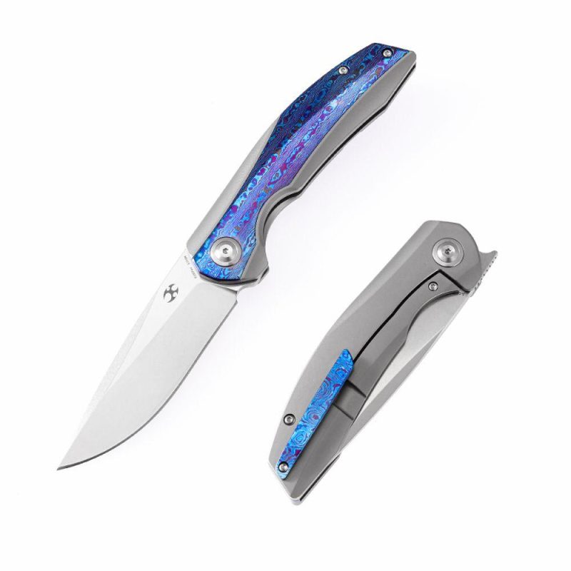 Accipiter Flipper Knife Titanium +Timascus Handle (3.5” CPM-S35VN Blade)Kim Ning Design -K1007A4 Blue | Folding Pocket Knives