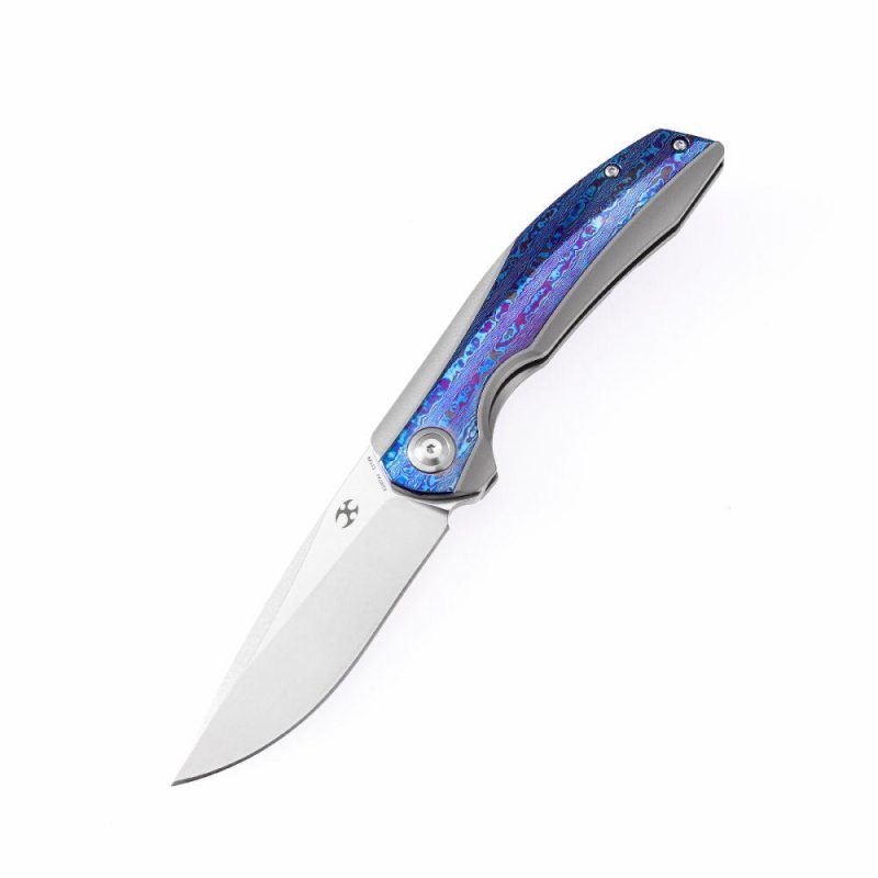 Accipiter Flipper Knife Titanium +Timascus Handle (3.5” CPM-S35VN Blade)Kim Ning Design -K1007A4 Blue | Folding Pocket Knives