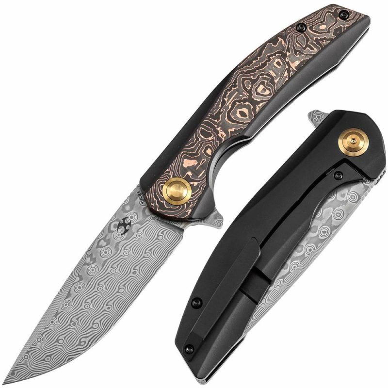 Accipiter Titanium and Copper Carbon Fiber Handle (3.50" Damascus Blade) Kim Ning Design-K1007E4 Copper | Folding Pocket Knives