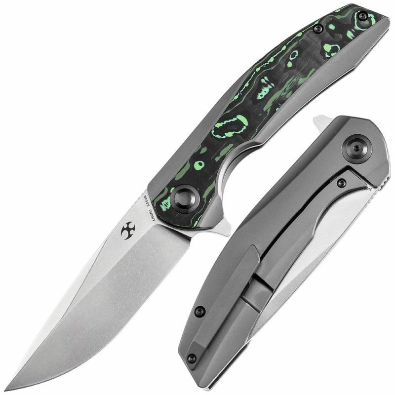 Accipiter Titanium and Green Carbon Fiber Handle (3.50" CPM S35VN Blade) Kim Ning Design-K1007E1 Green | Folding Pocket Knives