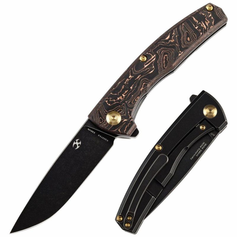 AGI Flipper Knife Copper Carbon Fiber + Titanium Handle (2.94”CPM S35VN Blade) Michal Galovic & Michal Komorovsky Design-K2037A3 Black/Brown | Folding Pocket Knives