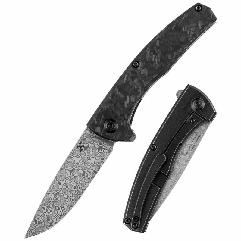 AGI Flipper Knife Twill Carbon Fiber + Titanium Handle (2.94”Dmascus Blade) Michal Galovic & Michal Komorovsky Design-K2037A2 Black | Folding Pocket Knives