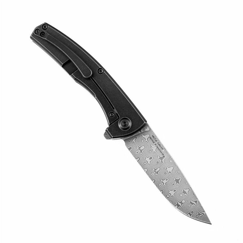 AGI Flipper Knife Twill Carbon Fiber + Titanium Handle (2.94”Dmascus Blade) Michal Galovic & Michal Komorovsky Design-K2037A2 Black | Folding Pocket Knives