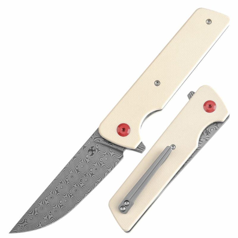 Anomaly Flipper Knife Ivory G10 Handle (3.14”Damascus Blade) Dirk Pinkerton-K2038A5 Ivory | Folding Pocket Knives