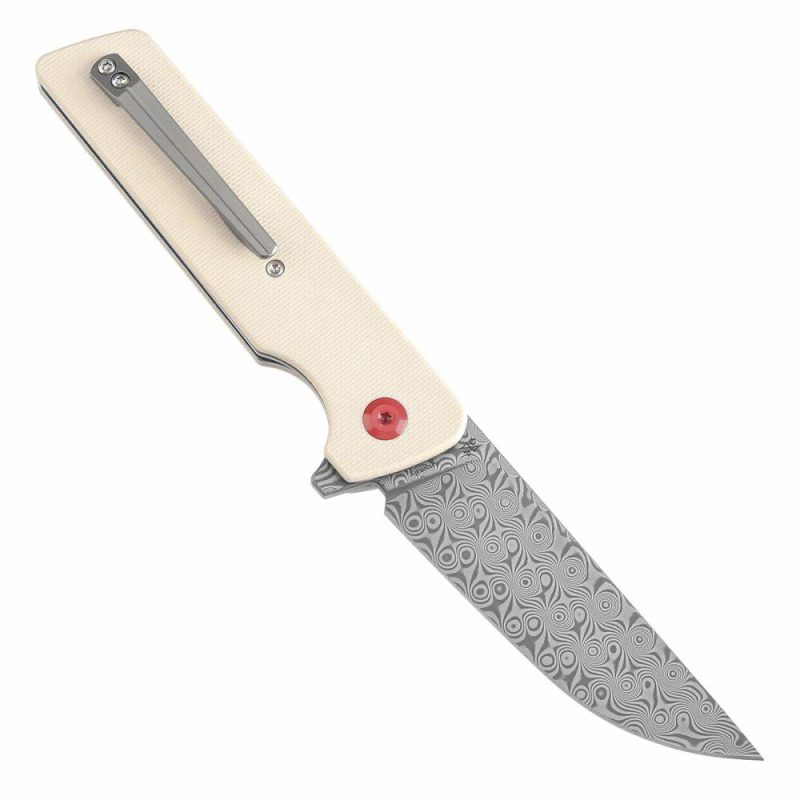 Anomaly Flipper Knife Ivory G10 Handle (3.14”Damascus Blade) Dirk Pinkerton-K2038A5 Ivory | Folding Pocket Knives