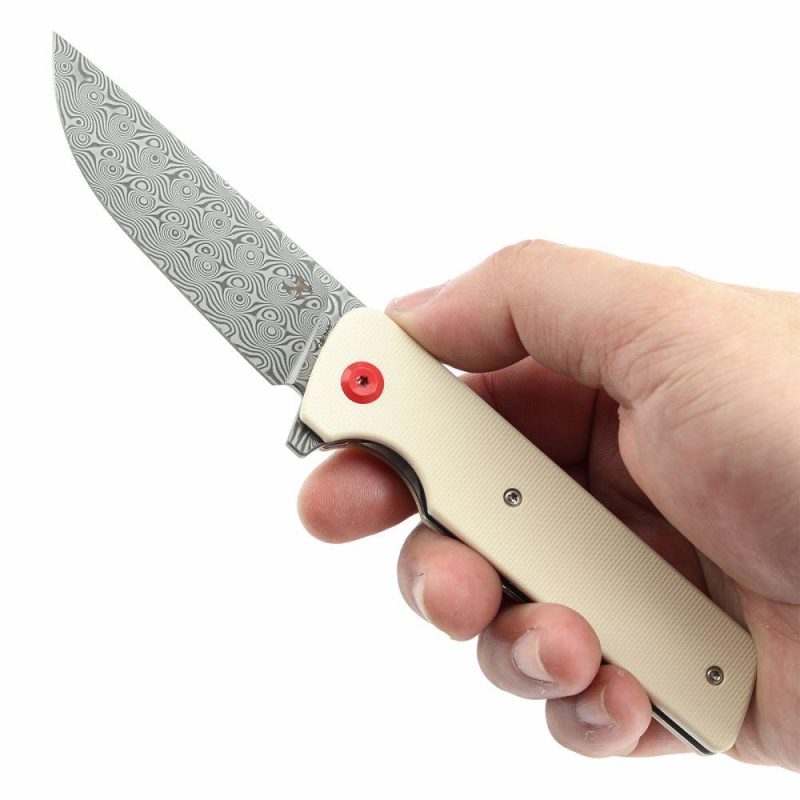 Anomaly Flipper Knife Ivory G10 Handle (3.14”Damascus Blade) Dirk Pinkerton-K2038A5 Ivory | Folding Pocket Knives