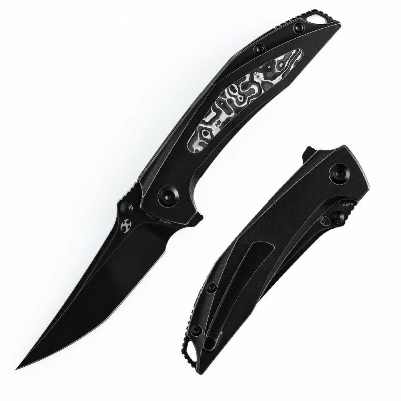 Baku Flipper/Thumb Hole Knife Titanium + Black White Carbon Fiber Inlay Handle (3.2” CPM-S35VN Blade) Sparrow Knife Co Design -K1056A6 Black/White | Folding Pocket Knives