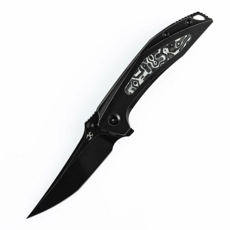 Baku Flipper/Thumb Hole Knife Titanium + Black White Carbon Fiber Inlay Handle (3.2” CPM-S35VN Blade) Sparrow Knife Co Design -K1056A6 Black/White | Folding Pocket Knives