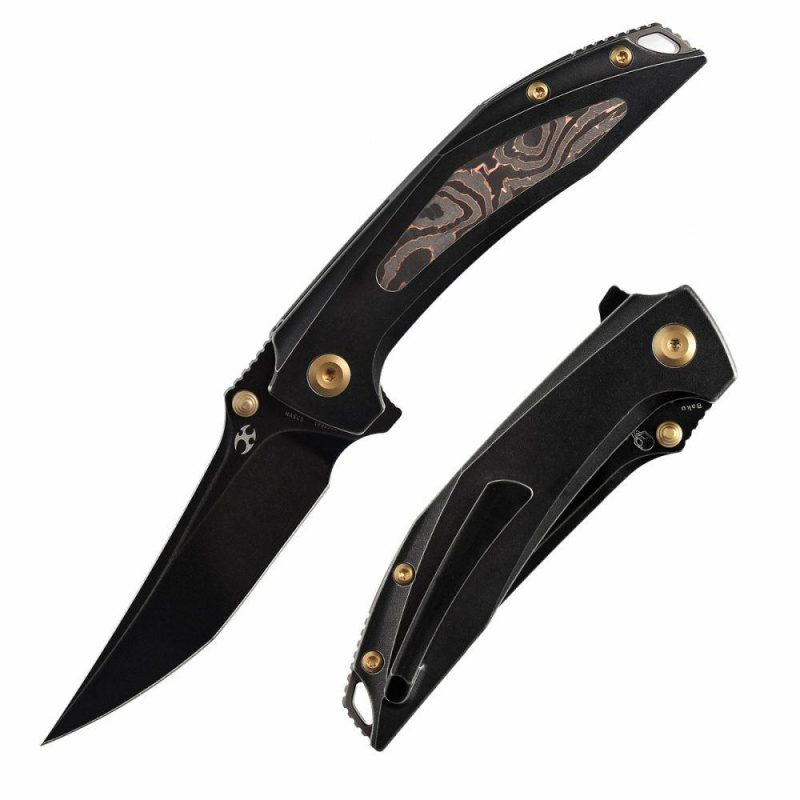 Baku Flipper/Thumb Hole Knife Titanium + Copper Carbon Fiber Inlay Handle (3.2” CPM-S35VN Blade) Sparrow Knife Co Design -K1056A1 Black | Folding Pocket Knives