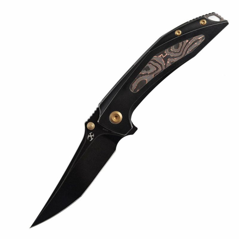 Baku Flipper/Thumb Hole Knife Titanium + Copper Carbon Fiber Inlay Handle (3.2” CPM-S35VN Blade) Sparrow Knife Co Design -K1056A1 Black | Folding Pocket Knives