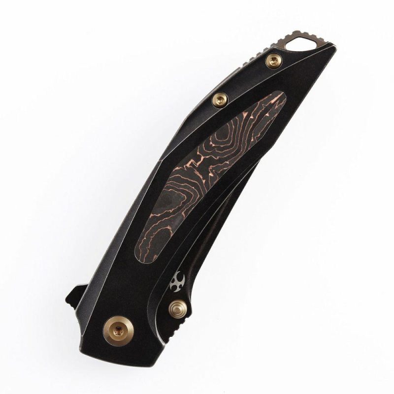 Baku Flipper/Thumb Hole Knife Titanium + Copper Carbon Fiber Inlay Handle (3.2” CPM-S35VN Blade) Sparrow Knife Co Design -K1056A1 Black | Folding Pocket Knives