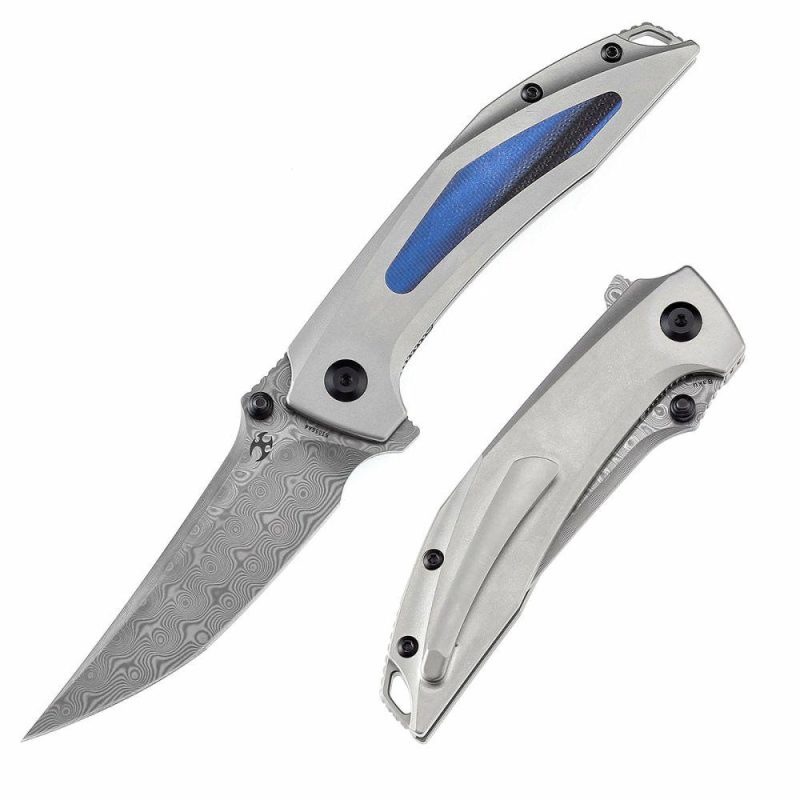 Baku Flipper/Thumb Hole Knife Titanium + G10 Inlay Handle (3.2” Damascus Blade) Sparrow Knife Co Design-K1056A4 Blue/Black | Folding Pocket Knives