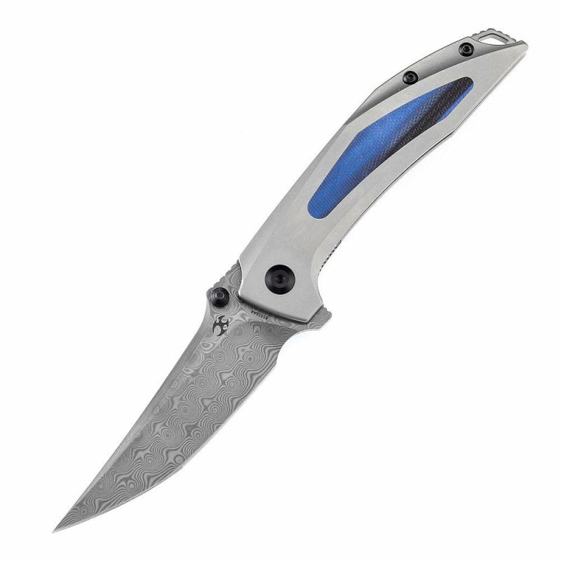 Baku Flipper/Thumb Hole Knife Titanium + G10 Inlay Handle (3.2” Damascus Blade) Sparrow Knife Co Design-K1056A4 Blue/Black | Folding Pocket Knives