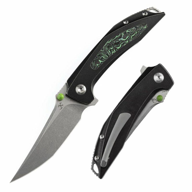 Baku Flipper/Thumb Hole Knife Titanium + Green Carbon Fiber Inlay Handle (3.2” CPM-S35VN Blade) Sparrow Knife Co Design -K1056A7 Black/Green | Folding Pocket Knives