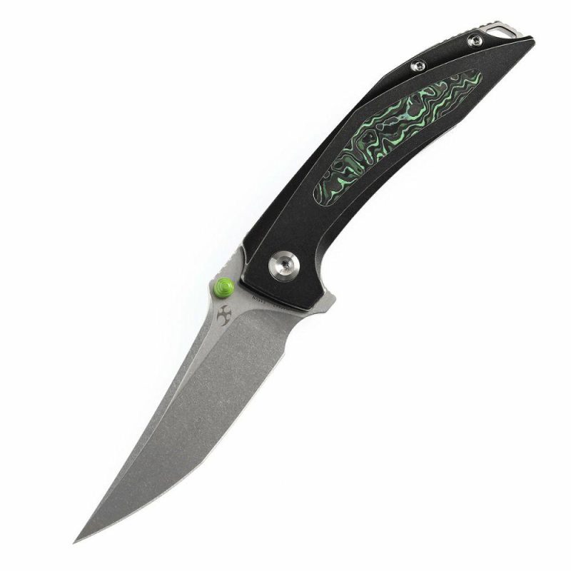 Baku Flipper/Thumb Hole Knife Titanium + Green Carbon Fiber Inlay Handle (3.2” CPM-S35VN Blade) Sparrow Knife Co Design -K1056A7 Black/Green | Folding Pocket Knives