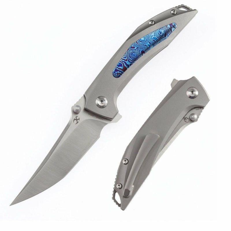 Baku Flipper/Thumb Hole Knife Titanium + Timascus Inlay Handle (3.2” CPM-S35VN Blade)Sparrow Knife Co Design -K1056A8 Gray/Blue | Folding Pocket Knives