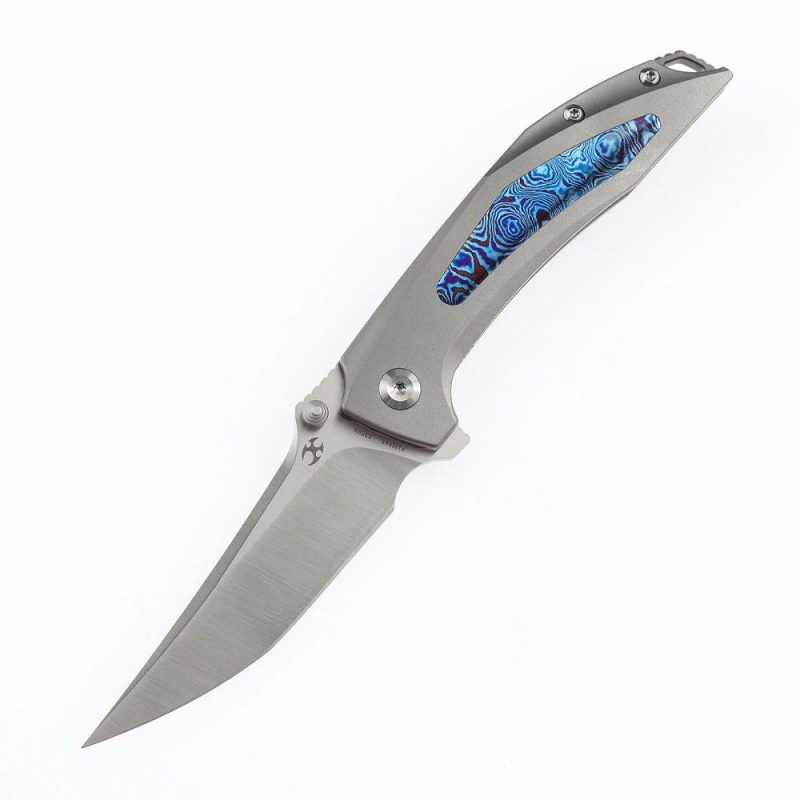 Baku Flipper/Thumb Hole Knife Titanium + Timascus Inlay Handle (3.2” CPM-S35VN Blade)Sparrow Knife Co Design -K1056A8 Gray/Blue | Folding Pocket Knives