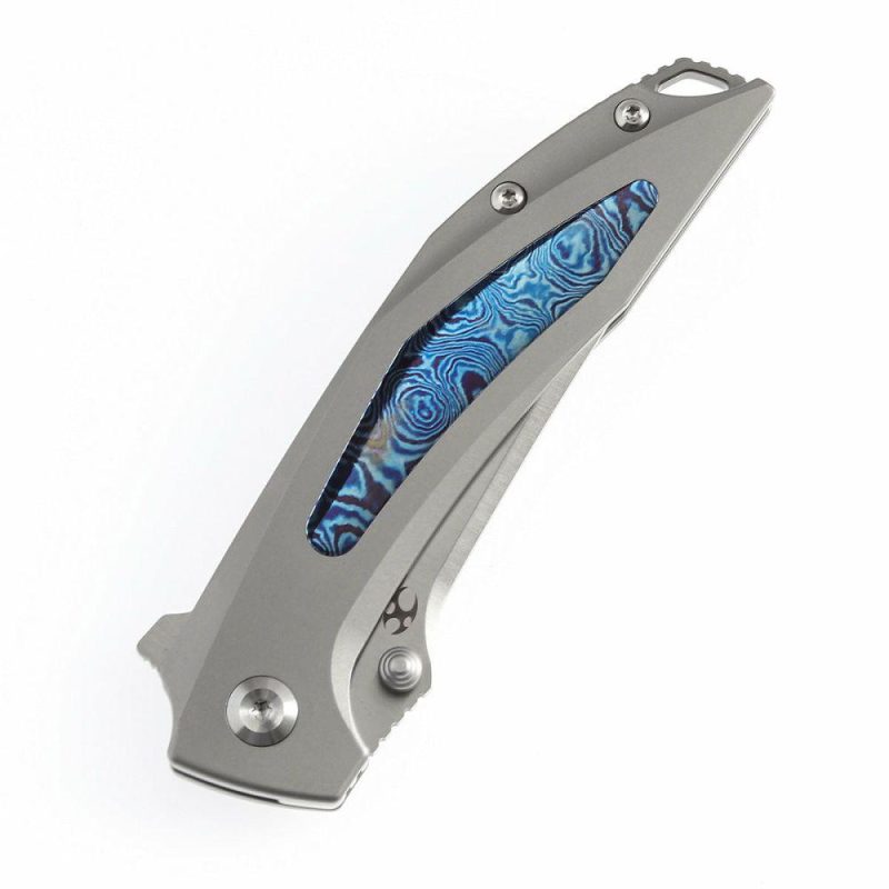 Baku Flipper/Thumb Hole Knife Titanium + Timascus Inlay Handle (3.2” CPM-S35VN Blade)Sparrow Knife Co Design -K1056A8 Gray/Blue | Folding Pocket Knives