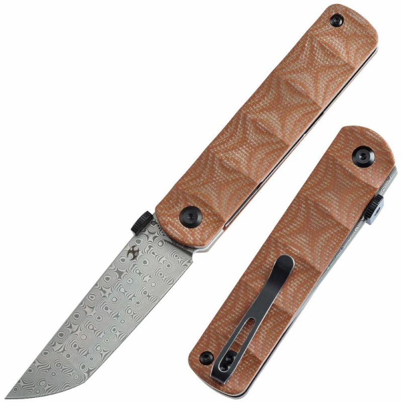 BTF Thumb Disc Knife Brown Micarta Handle (3.24” Damascus Blade)Rolf Helbig-K1064A4 Brown | Folding Pocket Knives