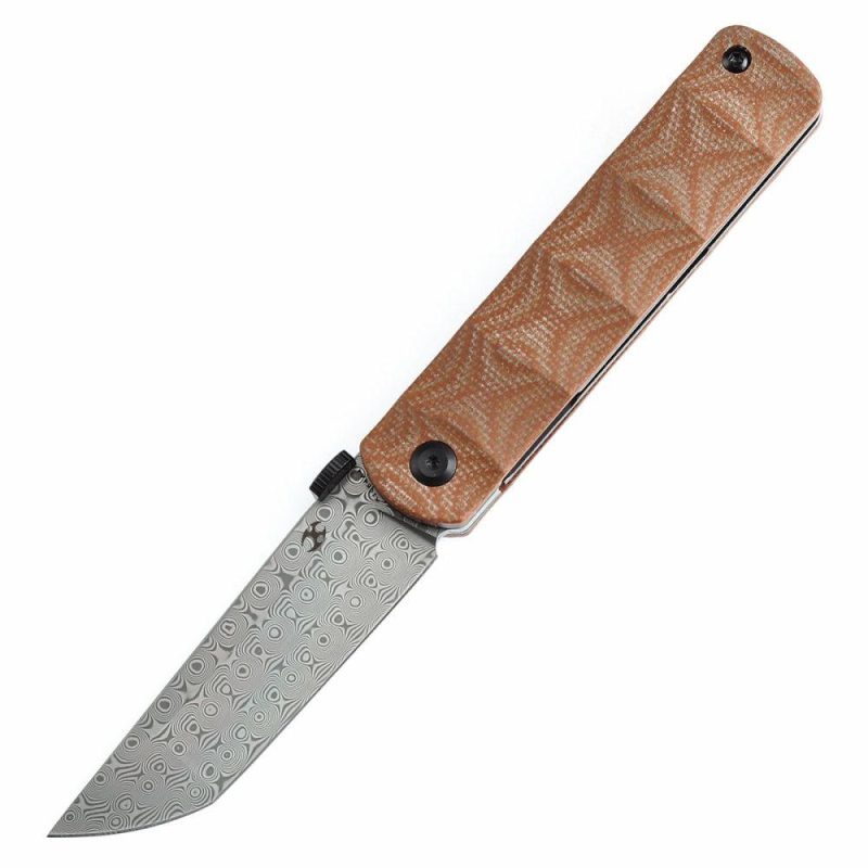 BTF Thumb Disc Knife Brown Micarta Handle (3.24” Damascus Blade)Rolf Helbig-K1064A4 Brown | Folding Pocket Knives