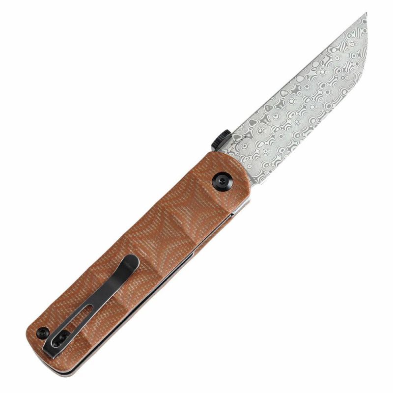 BTF Thumb Disc Knife Brown Micarta Handle (3.24” Damascus Blade)Rolf Helbig-K1064A4 Brown | Folding Pocket Knives