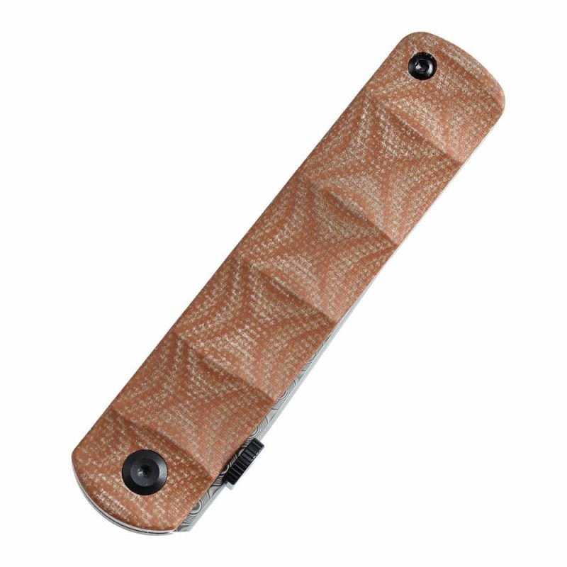 BTF Thumb Disc Knife Brown Micarta Handle (3.24” Damascus Blade)Rolf Helbig-K1064A4 Brown | Folding Pocket Knives