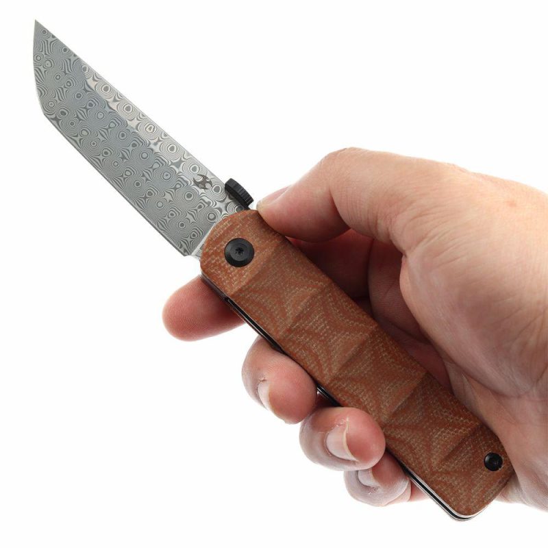 BTF Thumb Disc Knife Brown Micarta Handle (3.24” Damascus Blade)Rolf Helbig-K1064A4 Brown | Folding Pocket Knives