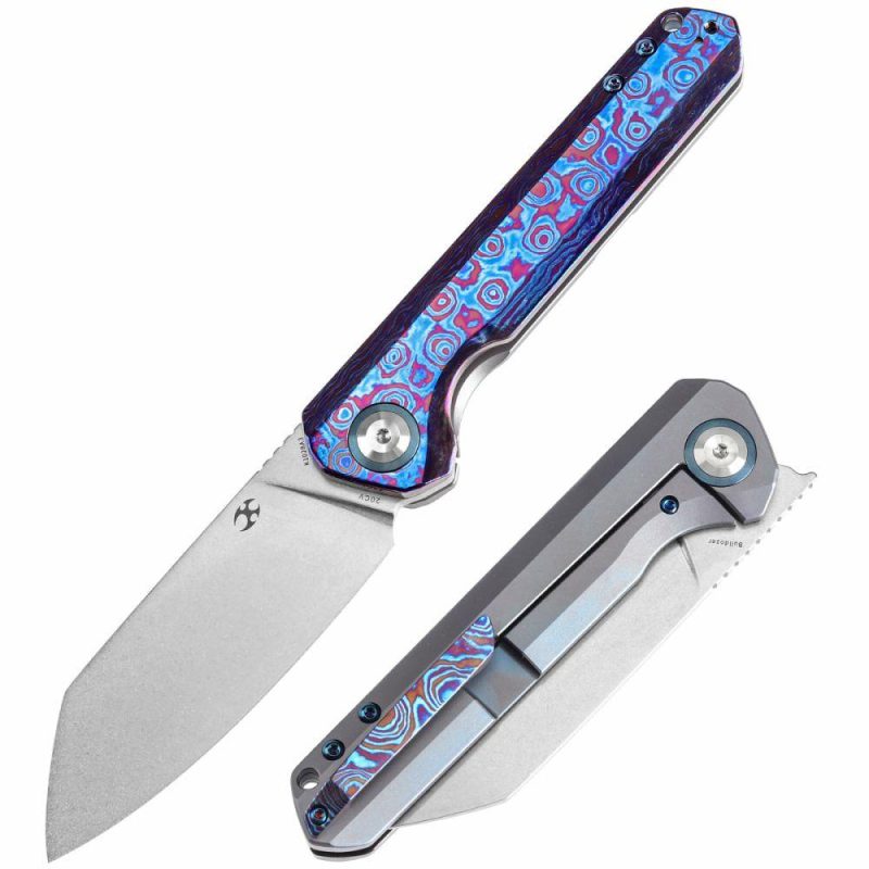 Bulldozer Front Filpper Timascus and Blue Anodized Titanium Handle with Timascus Clip (3.56" CPM-20CV Blade) Kim Ning Design-K1028A3 | Folding Pocket Knives