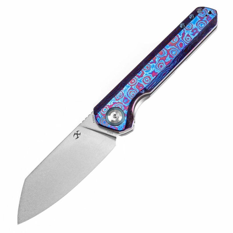 Bulldozer Front Filpper Timascus and Blue Anodized Titanium Handle with Timascus Clip (3.56" CPM-20CV Blade) Kim Ning Design-K1028A3 | Folding Pocket Knives