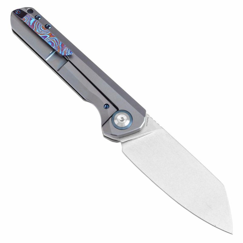 Bulldozer Front Filpper Timascus and Blue Anodized Titanium Handle with Timascus Clip (3.56" CPM-20CV Blade) Kim Ning Design-K1028A3 | Folding Pocket Knives