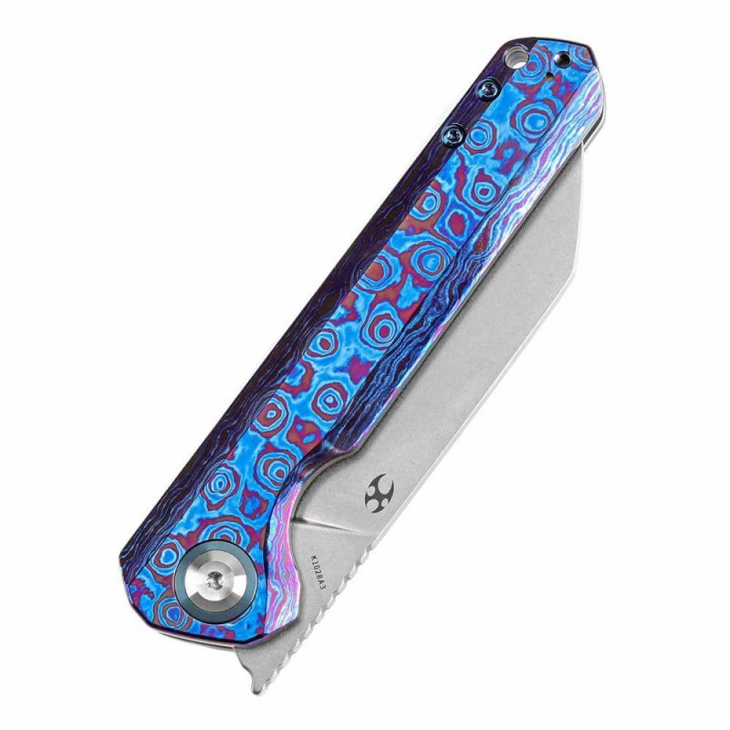 Bulldozer Front Filpper Timascus and Blue Anodized Titanium Handle with Timascus Clip (3.56" CPM-20CV Blade) Kim Ning Design-K1028A3 | Folding Pocket Knives