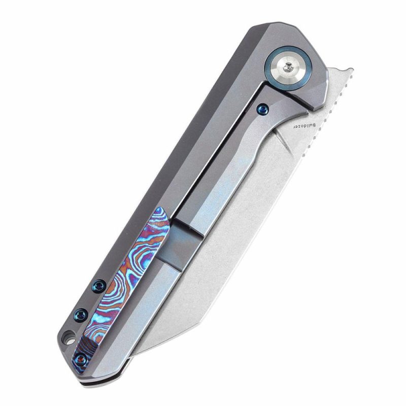 Bulldozer Front Filpper Timascus and Blue Anodized Titanium Handle with Timascus Clip (3.56" CPM-20CV Blade) Kim Ning Design-K1028A3 | Folding Pocket Knives