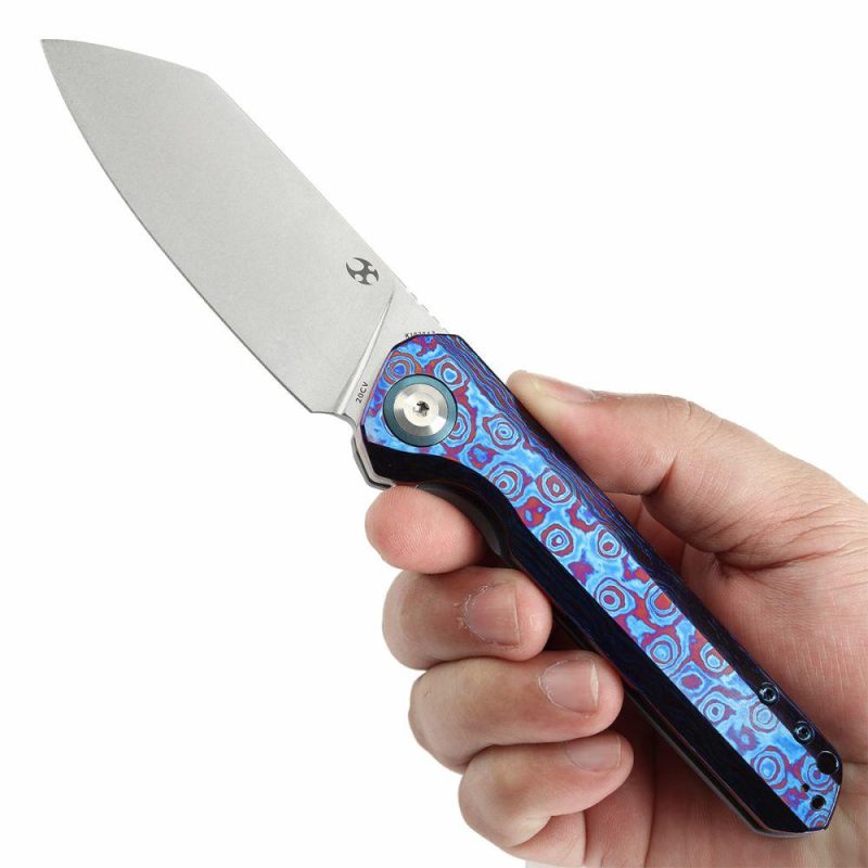 Bulldozer Front Filpper Timascus and Blue Anodized Titanium Handle with Timascus Clip (3.56" CPM-20CV Blade) Kim Ning Design-K1028A3 | Folding Pocket Knives