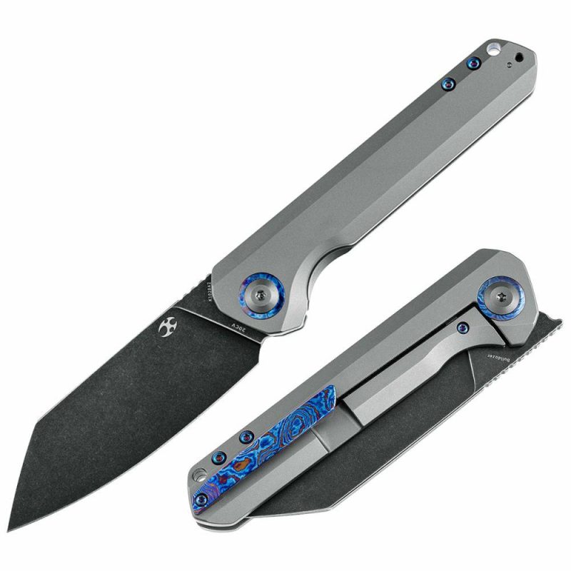 Bulldozer Front Flipper Gray Anodized Titanium Handle with Timascus Clip (3.56" CPM-20CV Blade)Kim Ning Design-K1028A2 | Folding Pocket Knives