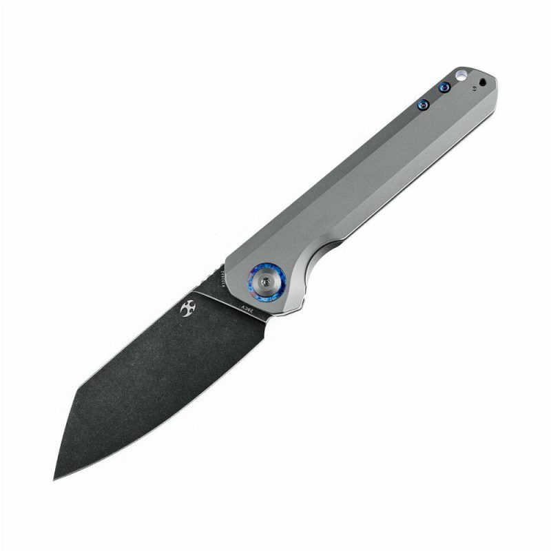 Bulldozer Front Flipper Gray Anodized Titanium Handle with Timascus Clip (3.56" CPM-20CV Blade)Kim Ning Design-K1028A2 | Folding Pocket Knives