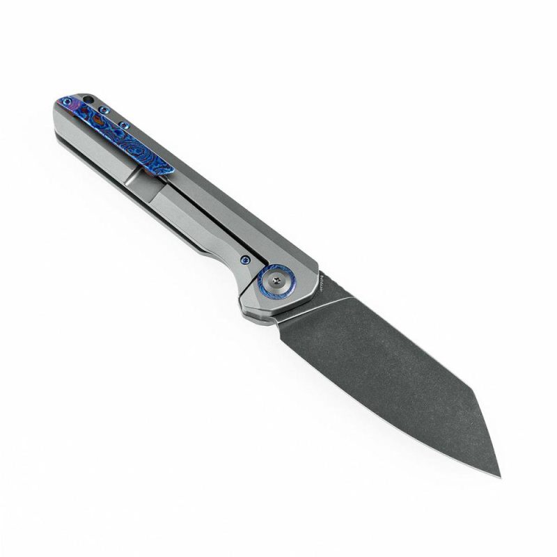 Bulldozer Front Flipper Gray Anodized Titanium Handle with Timascus Clip (3.56" CPM-20CV Blade)Kim Ning Design-K1028A2 | Folding Pocket Knives