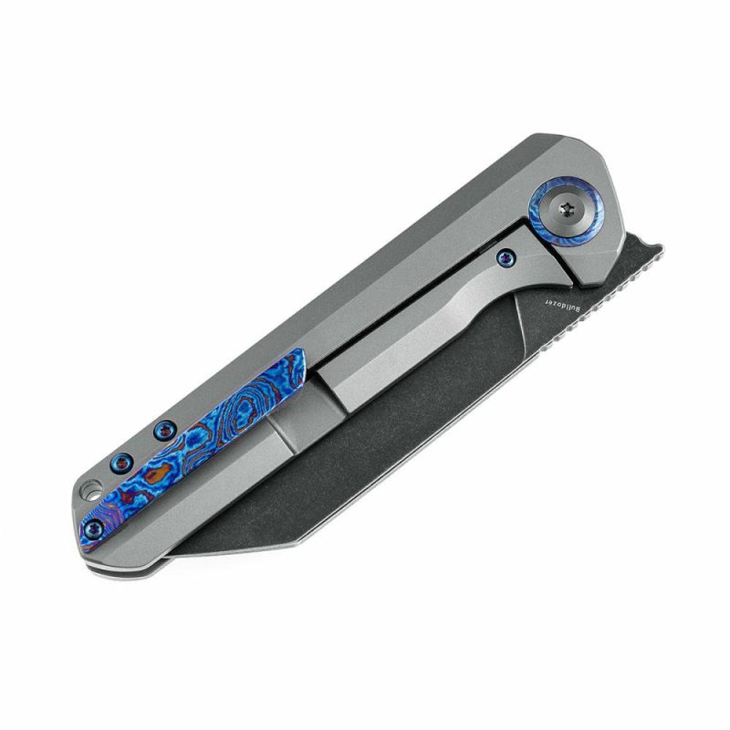 Bulldozer Front Flipper Gray Anodized Titanium Handle with Timascus Clip (3.56" CPM-20CV Blade)Kim Ning Design-K1028A2 | Folding Pocket Knives