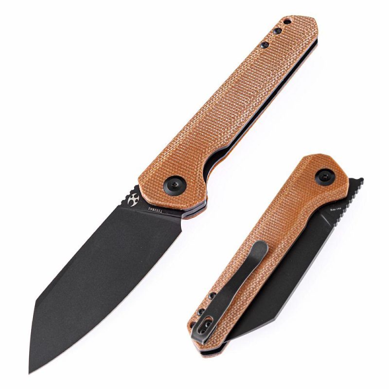 Bulldozer T1028A1 Brown Micarta Handle Black TiCn Coated D2 Blade with Kim Ning Design | Folding Pocket Knives