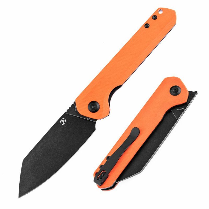 Bulldozer T1028A7 Orange G10 Handle Black TiCn Coated D2 Blade with Kim Ning Design | Folding Pocket Knives