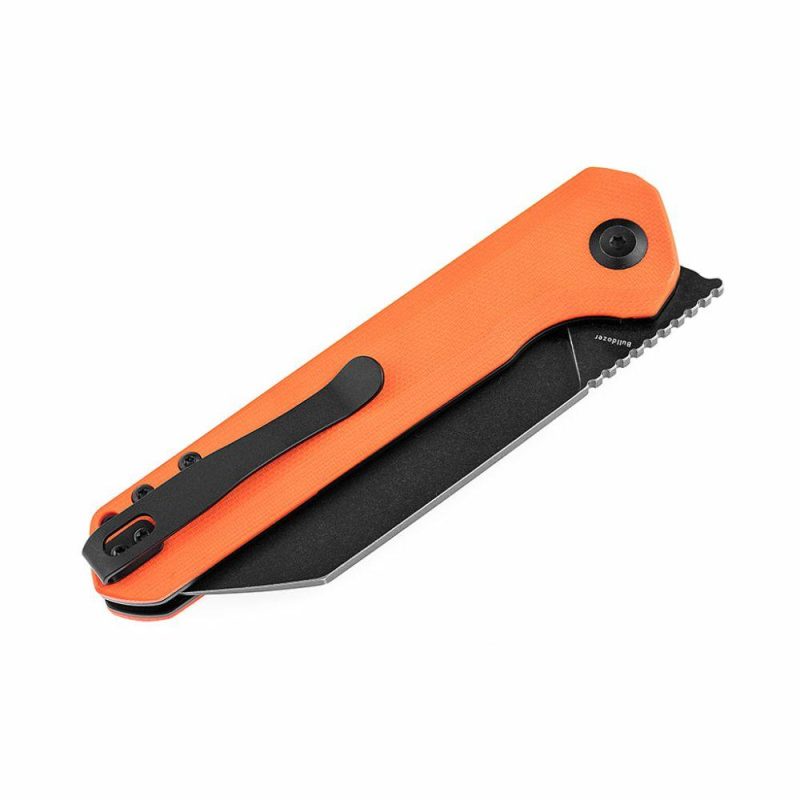 Bulldozer T1028A7 Orange G10 Handle Black TiCn Coated D2 Blade with Kim Ning Design | Folding Pocket Knives