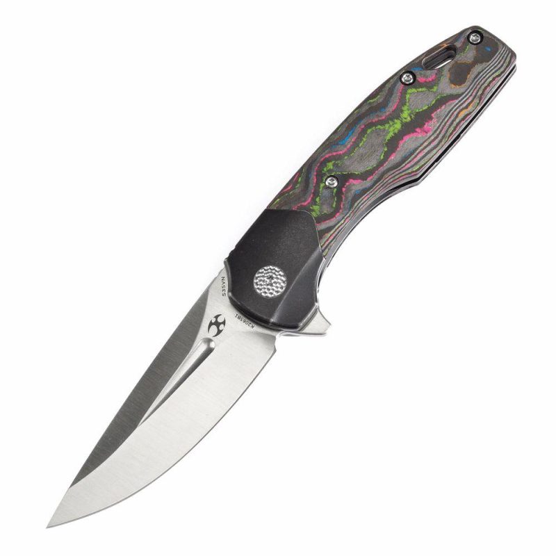 Cassowary Flipper Black Stonewashed Titanium and 80S Camo Carbon Fiber Handle (2.9”CPM S35VN Blade ) Koch Tools Design -K2065B1 Black/Grey | Folding Pocket Knives