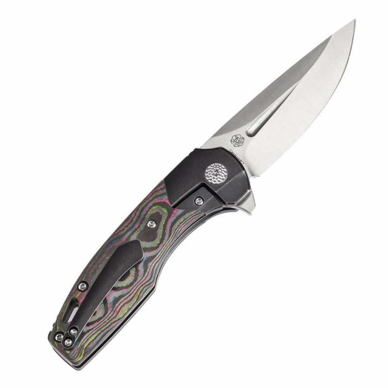 Cassowary Flipper Black Stonewashed Titanium and 80S Camo Carbon Fiber Handle (2.9”CPM S35VN Blade ) Koch Tools Design -K2065B1 Black/Grey | Folding Pocket Knives