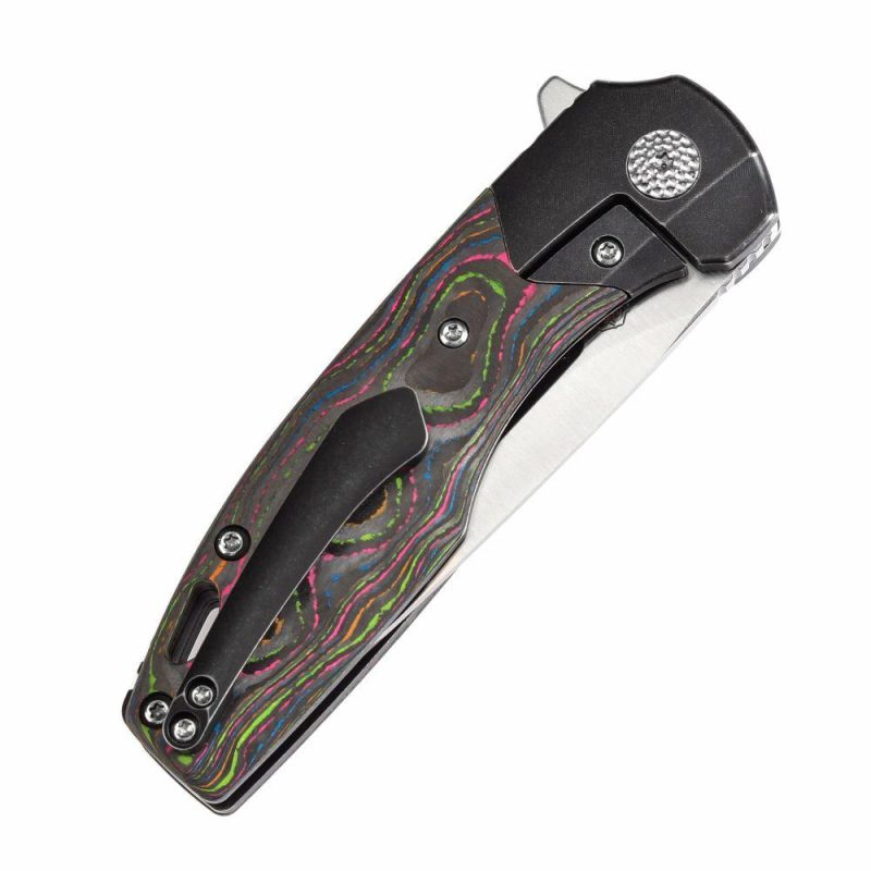 Cassowary Flipper Black Stonewashed Titanium and 80S Camo Carbon Fiber Handle (2.9”CPM S35VN Blade ) Koch Tools Design -K2065B1 Black/Grey | Folding Pocket Knives