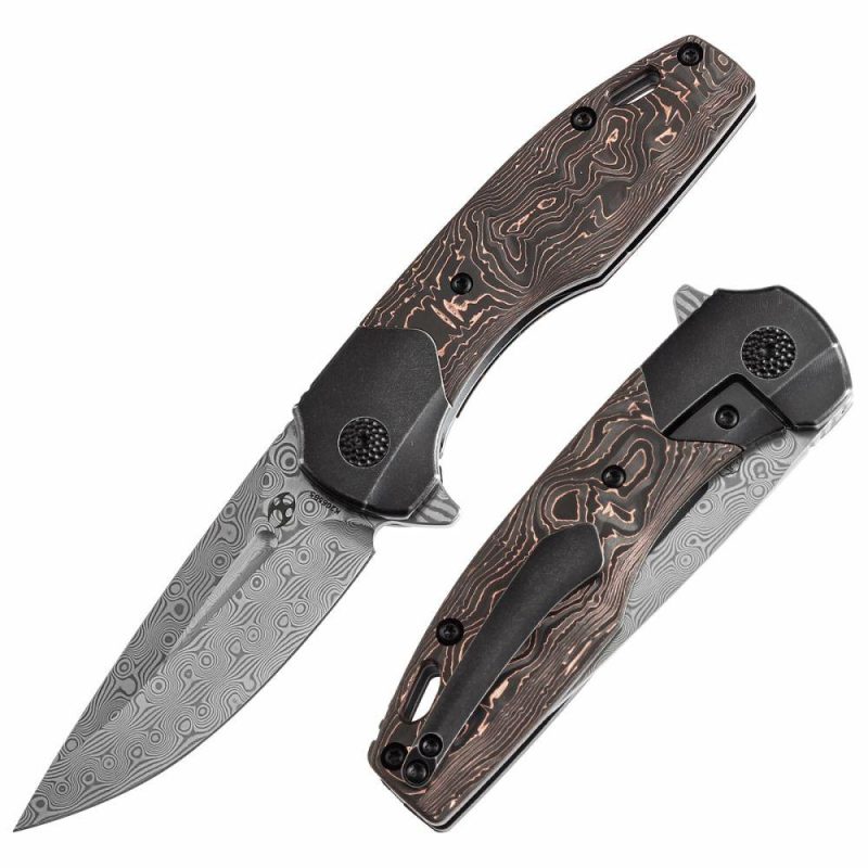 Cassowary Flipper Black Stonewashed Titanium and Copper Carbon Fiber Handle (2.9”Damascus Blade ) Koch Tools Design -K2065B5 Black/Cooper | Folding Pocket Knives