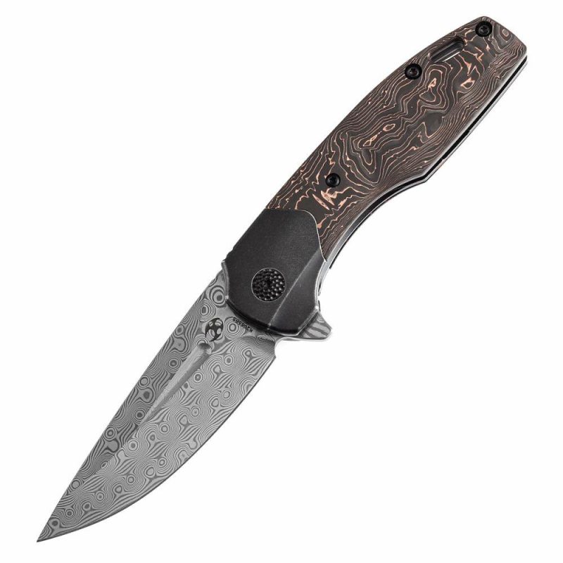 Cassowary Flipper Black Stonewashed Titanium and Copper Carbon Fiber Handle (2.9”Damascus Blade ) Koch Tools Design -K2065B5 Black/Cooper | Folding Pocket Knives