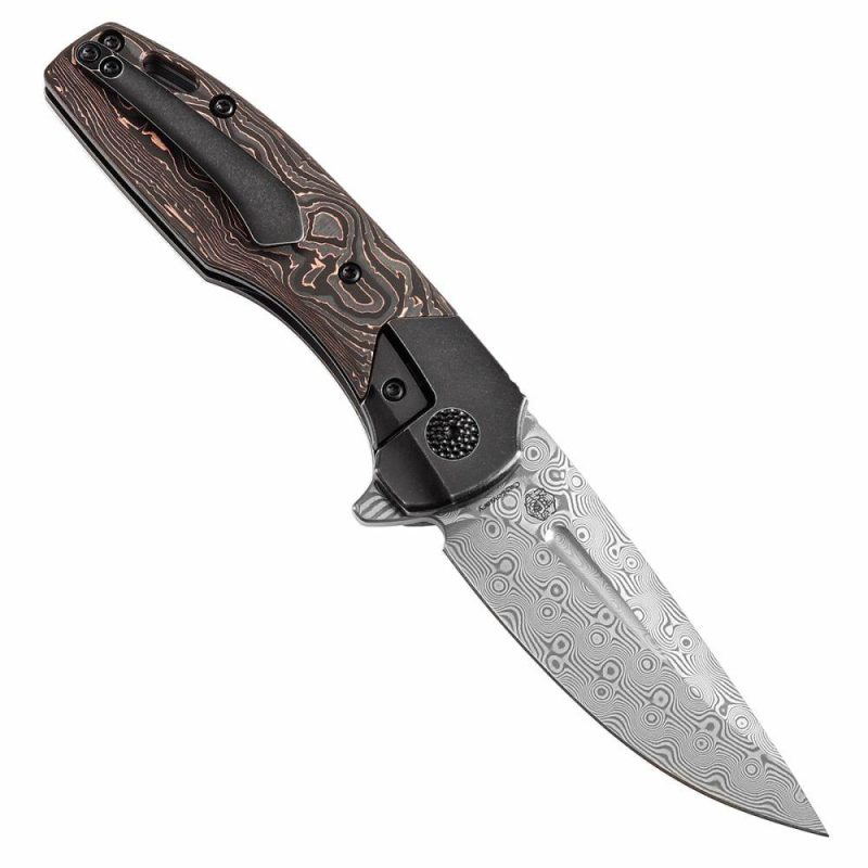 Cassowary Flipper Black Stonewashed Titanium and Copper Carbon Fiber Handle (2.9”Damascus Blade ) Koch Tools Design -K2065B5 Black/Cooper | Folding Pocket Knives