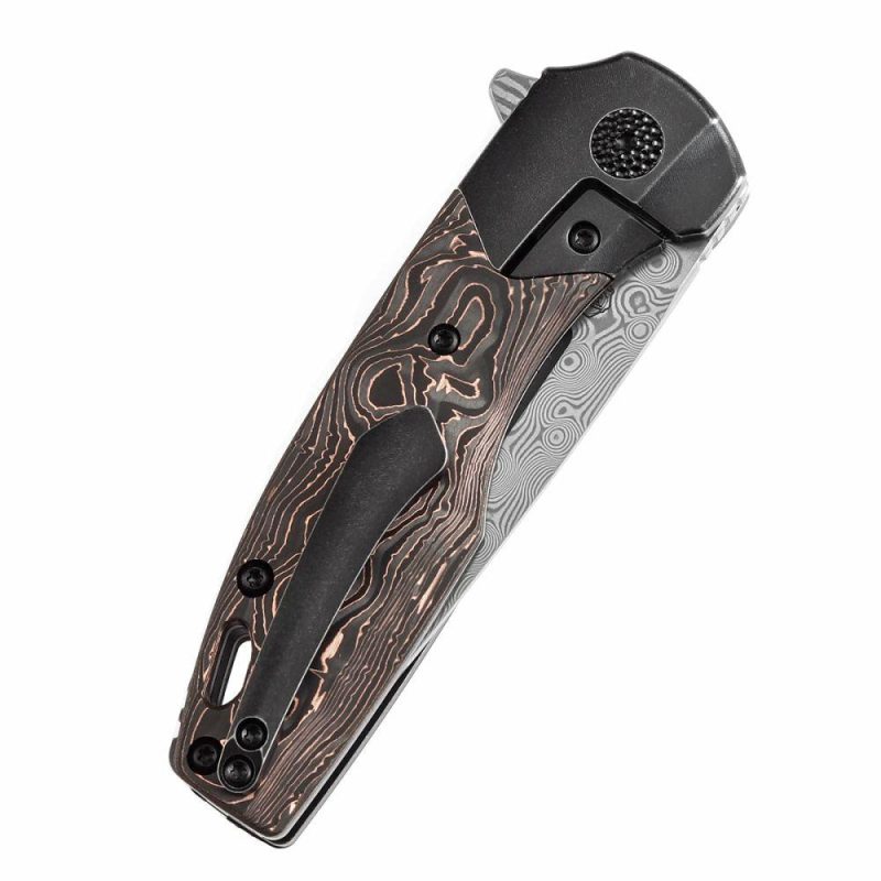 Cassowary Flipper Black Stonewashed Titanium and Copper Carbon Fiber Handle (2.9”Damascus Blade ) Koch Tools Design -K2065B5 Black/Cooper | Folding Pocket Knives