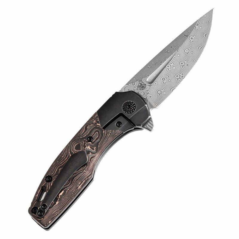 Cassowary Flipper Black Stonewashed Titanium and Copper Carbon Fiber Handle (2.9”Damascus Blade ) Koch Tools Design -K2065B5 Black/Cooper | Folding Pocket Knives