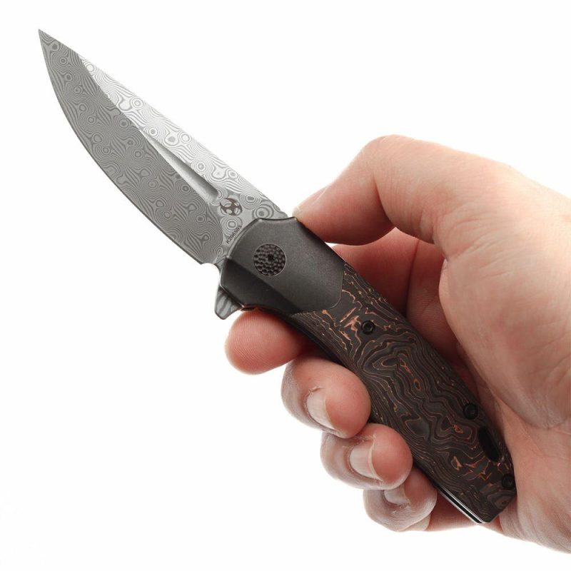 Cassowary Flipper Black Stonewashed Titanium and Copper Carbon Fiber Handle (2.9”Damascus Blade ) Koch Tools Design -K2065B5 Black/Cooper | Folding Pocket Knives