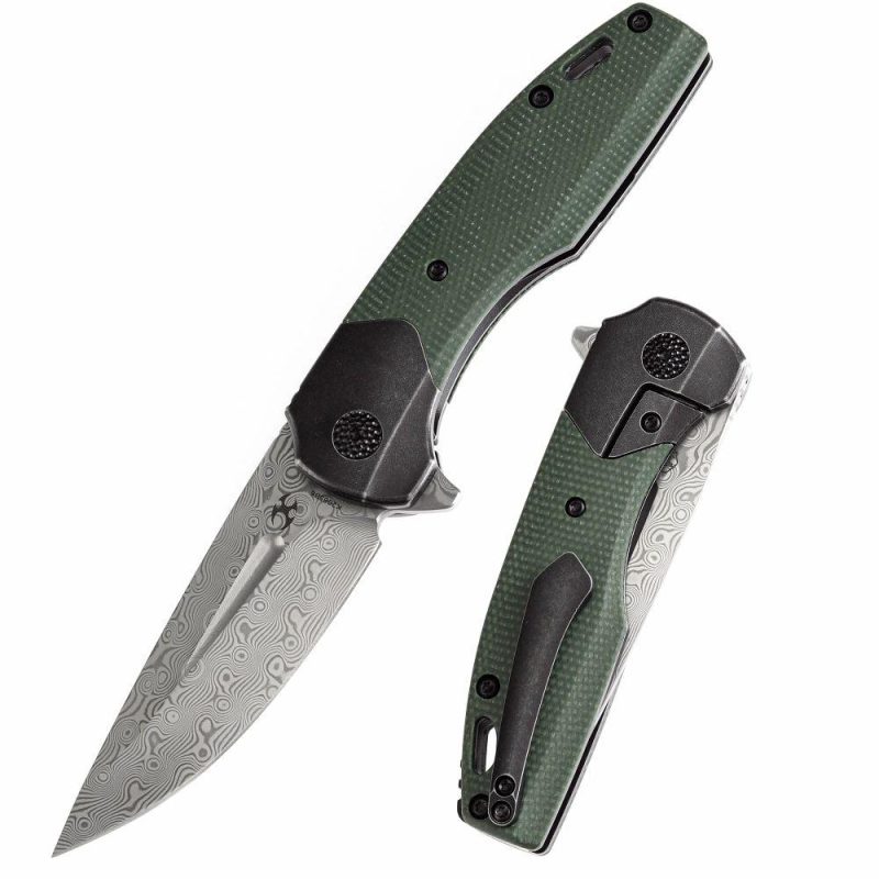 Cassowary Flipper Black Stonewashed Titanium and Green Micarta Titanium Handle (2.9”Damascus Blade ) Koch Tools Design -K2065B6 Black Green | Folding Pocket Knives